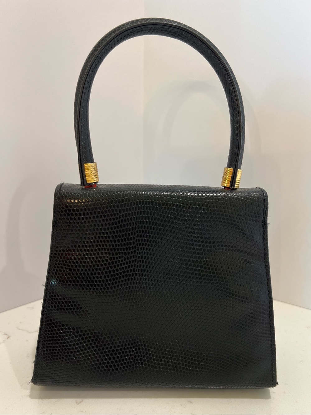 Vintage Black Faux Lizard Top Handle Handbag Gold Tone Ring Clasp - Picture 2 of 6